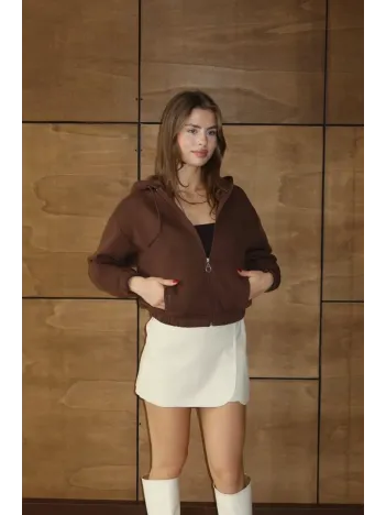 3 İplik Şardonlu Kapşonlu Fermuarlı Kısa Üst Kahve Pat8590