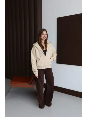 3 İplik Şardonlu Kapşonlu Hoodie Frm Bej P510437