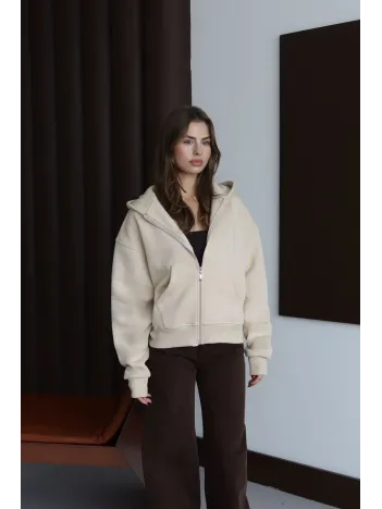 3 İplik Şardonlu Kapşonlu Hoodie Frm Bej P510437