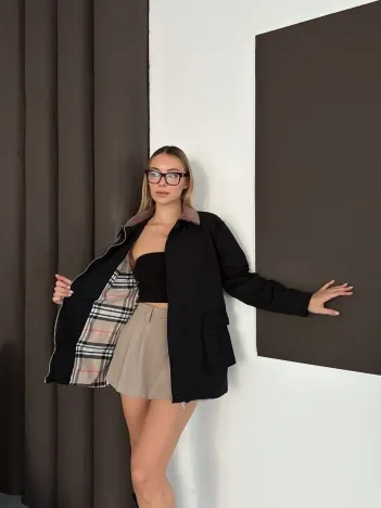 Astarlı Yaka Detaylı Artos Ceket Siyah St2651019