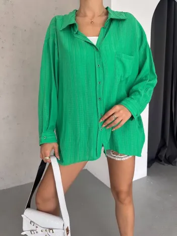 Ağaç Kabuğu Oversize Arkası Pileli Gömlek