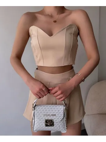 Arkadan Büzgülü Esnek Büstiyer Bej