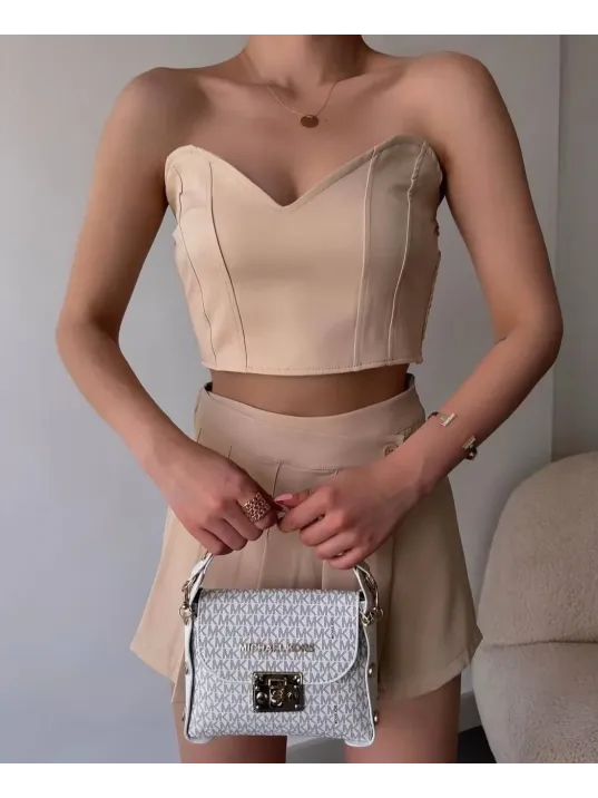 Arkadan Büzgülü Esnek Büstiyer Bej