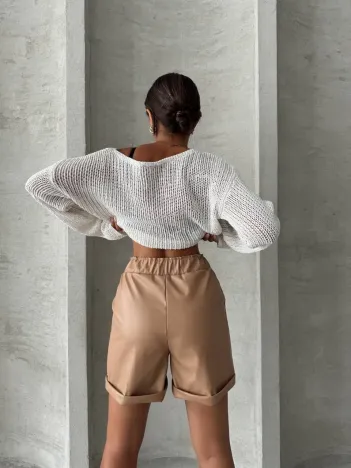 Beli Lastikli Duble Paça Deri Şort Bej W24755