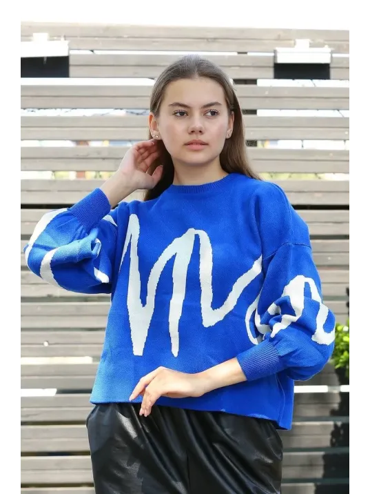 Beyaz Çizgili Bisiklet Yaka Kazak Saksmavisi