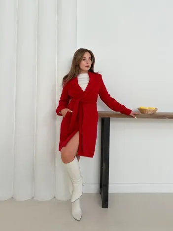 Cepli Kuşaklı Kaşe Kaban Kırmızı St26458 Cepli Kuşaklı Kaşe Kaban Kırmızı St26458