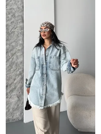 Cepli Püsküllü Kar Yıkama Kot Ceket Mavi D2515