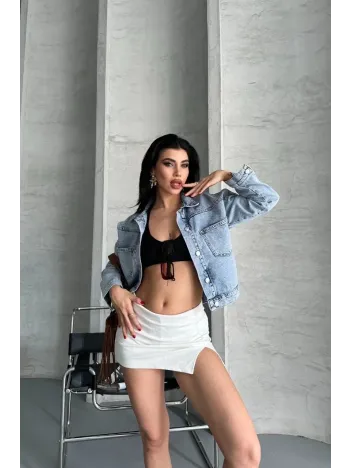 Çift Cepli Kol Katlamalı Kar Yıkama Crop Kot Ceket Buz Mavi D2000