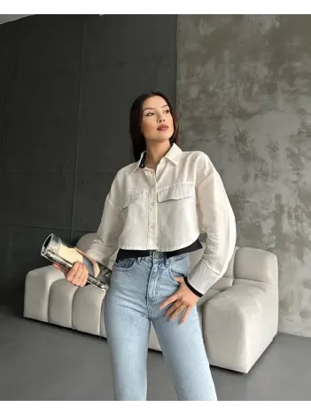 Çift Renkli Kısa Gömlek Krem S4021