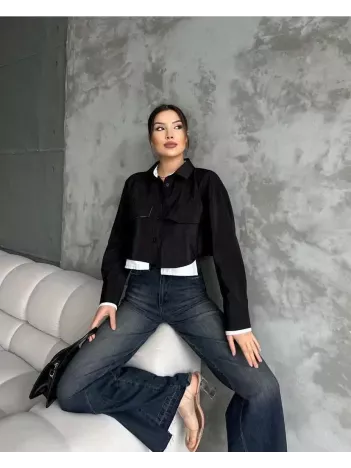 Çift Renkli Kısa Gömlek Siyahbeyaz S4021