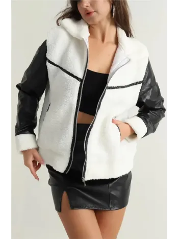 Deri Garnili Kuzu Peluş Mont Beyaz T1220