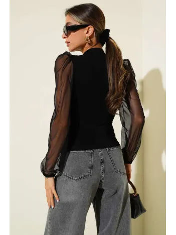 Dik Yaka Tül Kollu Bluz Siyah T3066