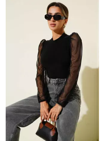 Dik Yaka Tül Kollu Bluz Siyah T3066