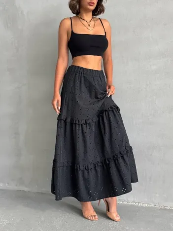 Fırfırlı Brodeli Astarlı Uzun Etek Siyah S255047