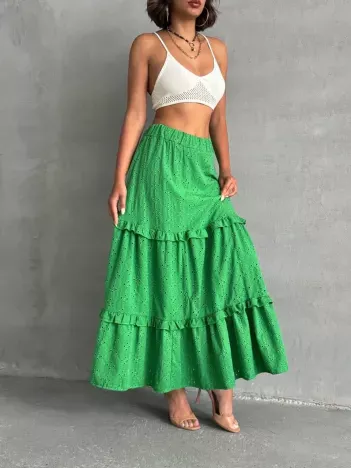 Fırfırlı Brodeli Astarlı Uzun Etek Yeşil S255047