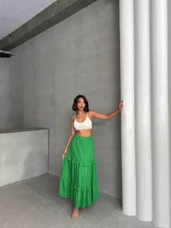 Fırfırlı Brodeli Astarlı Uzun Etek Yeşil S255047