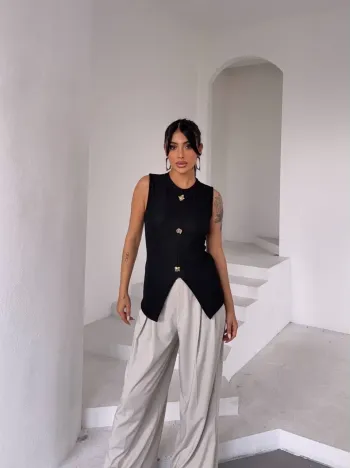 Kadın Siyah Bisiklet Yaka Gold Düğmeli Ottoman Bluz S2310