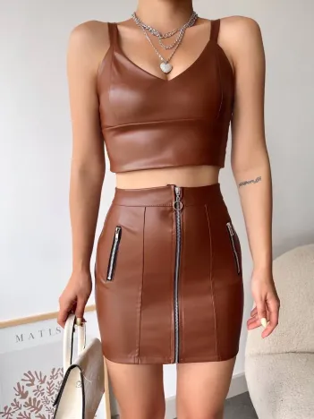 Üç Fermuarlı Deri Etek Kahve S24510