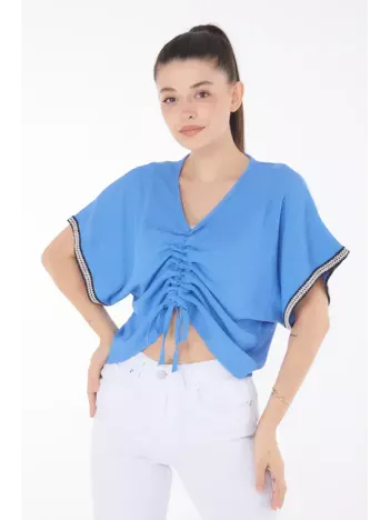 V Yaka Büzgülü Detaylı Bluz