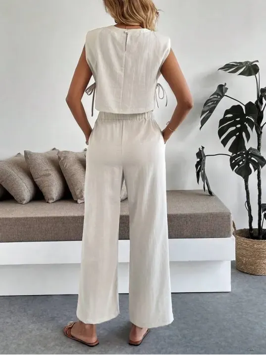 Yan Bağlama Detaylı Pantolonlu Takım Bej