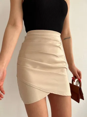 Yandan Drapeli Asimetrik Etek Bej S24771