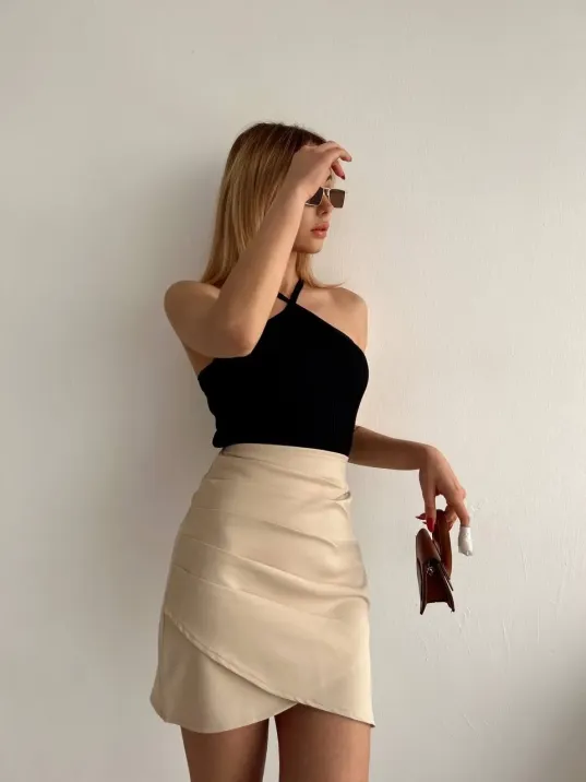 Yandan Drapeli Asimetrik Etek Bej S24771