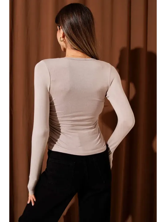 Yanı Büzgülü Bluz Vizon T4322