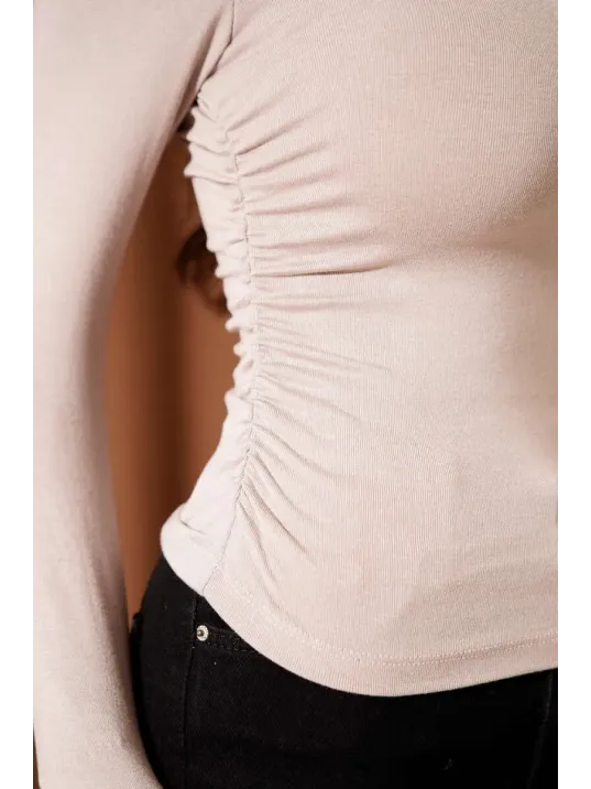 Yanı Büzgülü Bluz Vizon T4322