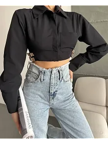 Yanı Kemer Detaylı Crop Gömlek Siyah S4009