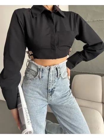 Yanı Kemer Detaylı Crop Gömlek Siyah S4009