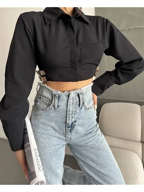 Yanı Kemer Detaylı Crop Gömlek Siyah S4009