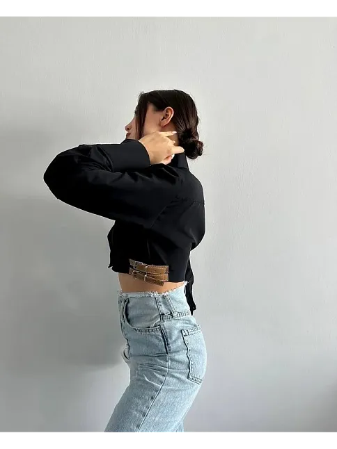 Yanı Kemer Detaylı Crop Gömlek Siyah S4009