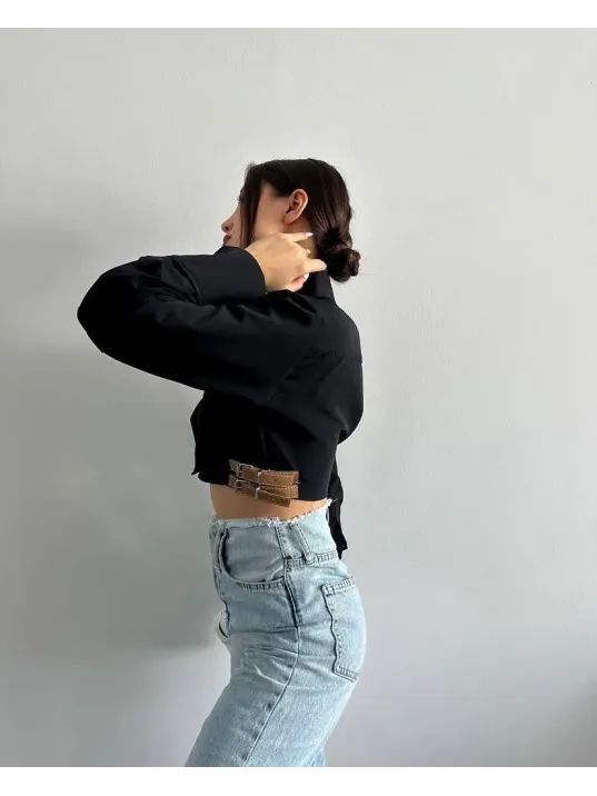 Yanı Kemer Detaylı Crop Gömlek Siyah S4009