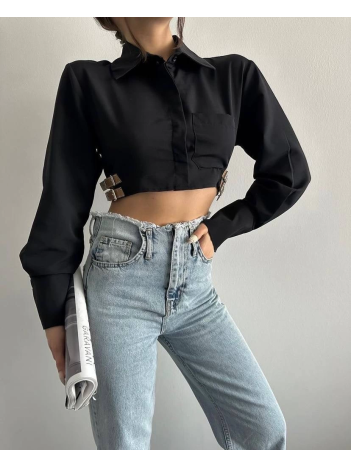 Yanı kemer detaylı crop gömlek siyah s4009 Yanı kemer detaylı crop gömlek siyah s4009