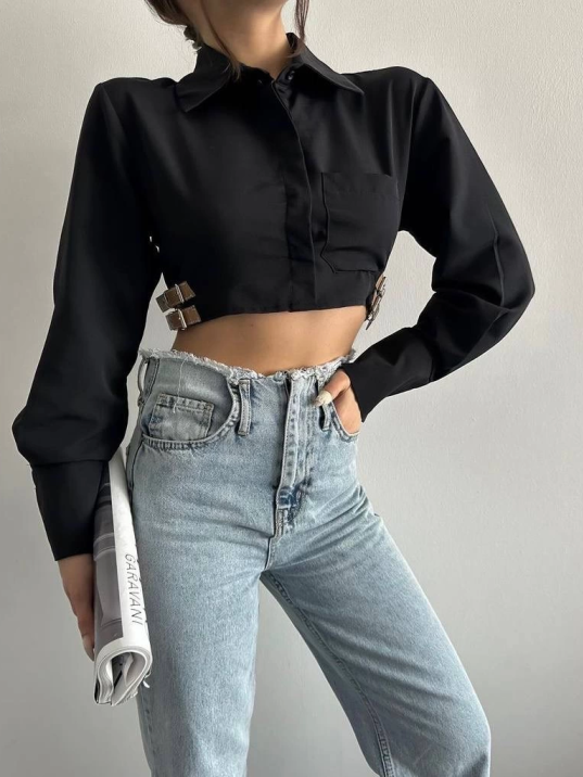 Yanı kemer detaylı crop gömlek siyah s4009 Yanı kemer detaylı crop gömlek siyah s4009