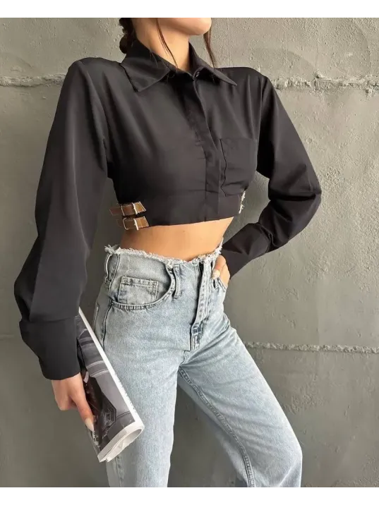 Yanı Kemer Detaylı Crop Gömlek Siyah S4009