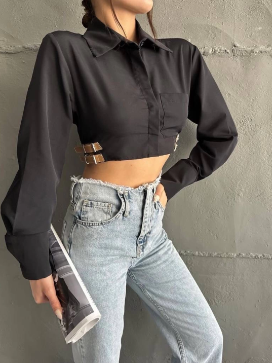 Yanı kemer detaylı crop gömlek siyah s4009 Yanı kemer detaylı crop gömlek siyah s4009