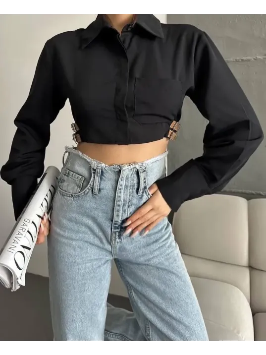 Yanı Kemer Detaylı Crop Gömlek Siyah S4009