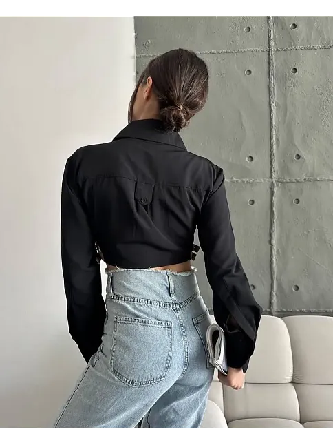 Yanı Kemer Detaylı Crop Gömlek Siyah S4009