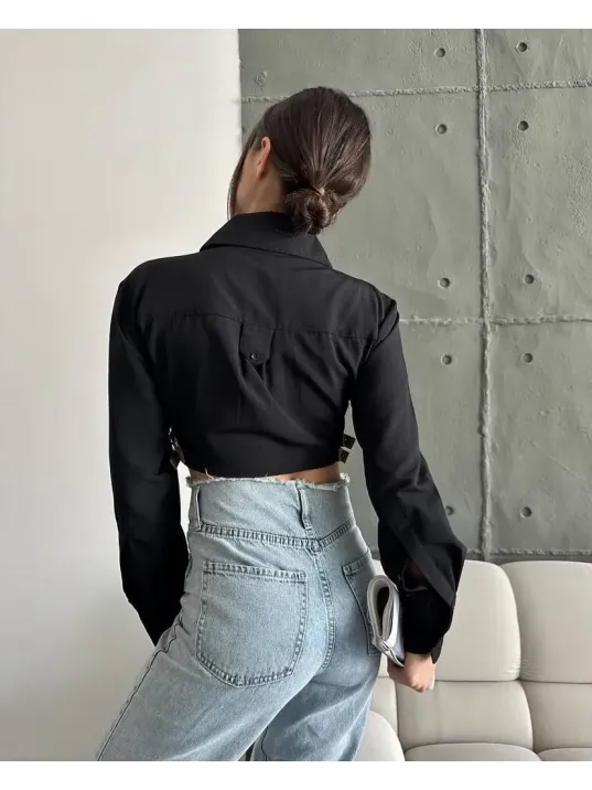 Yanı Kemer Detaylı Crop Gömlek Siyah S4009