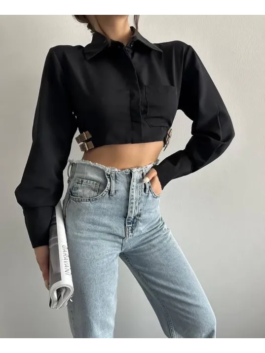 Yanı Kemer Detaylı Crop Gömlek Siyah S4009