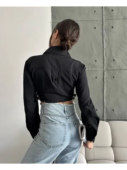 Yanı Kemer Detaylı Crop Gömlek Siyah S4009