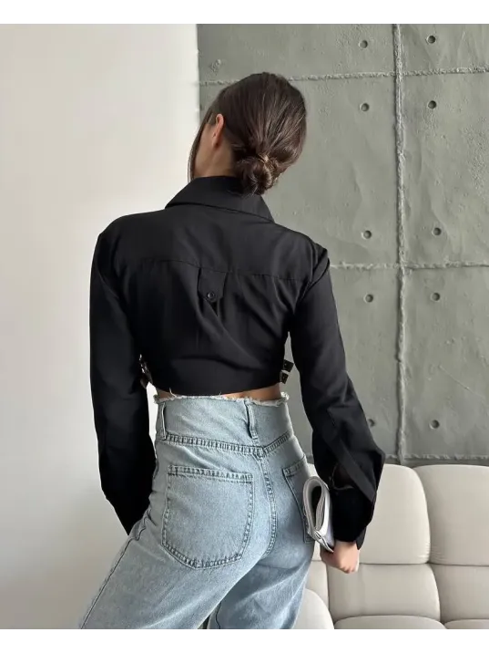 Yanı Kemer Detaylı Crop Gömlek Siyah S4009