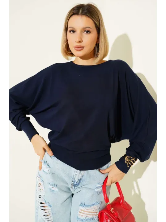 Yarasa Kol Salaş Bluz Lacivert T4273