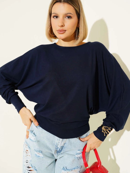 Yarasa Kol Salaş Bluz Lacivert T4273 Yarasa Kol Salaş Bluz Lacivert T4273