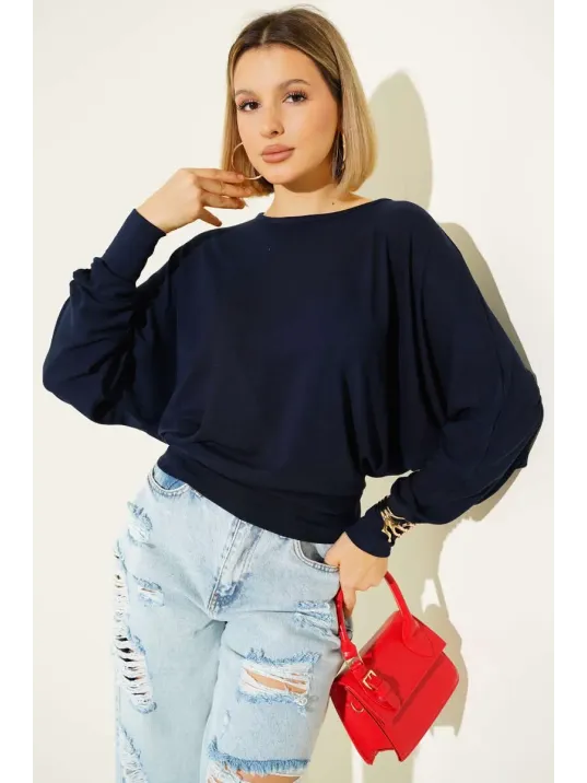 Yarasa Kol Salaş Bluz Lacivert T4273