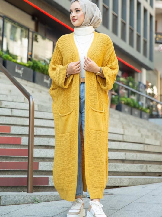 Yarasa kol uzun triko hırka hardal