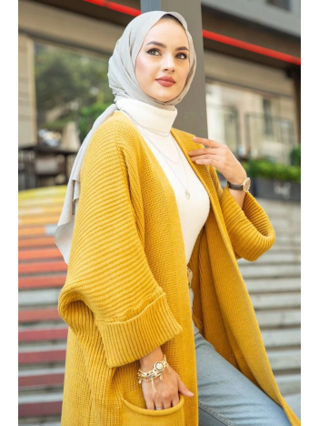 Yarasa kol uzun triko hırka hardal