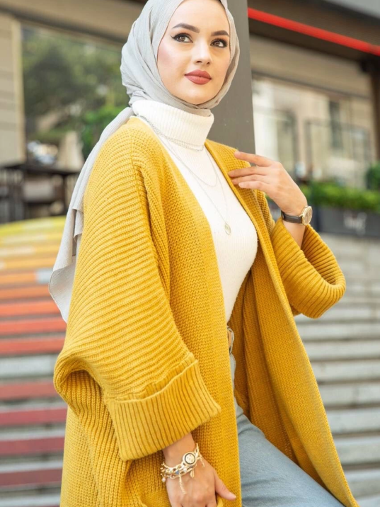 Yarasa kol uzun triko hırka hardal