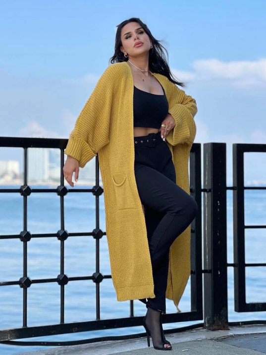 Yarasa kol uzun triko hırka hardal